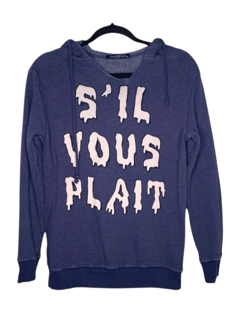 Y2K: OG Wildfox ☻︎ S’il Vous Plait Melted Letters Pullover Hoodie ☻︎ Navy Blue - Picture 5 of 16